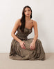 shirred cotton poplin maxi sundress with dropped waist in khaki and pink stripe