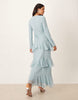 long sleeve ruffle chiffon maxi dress in dusky blue