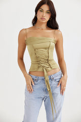 olive satin lace up corset