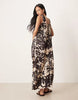 tech fabric scoop ruched neck maxi dress in abstract print