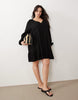 Esmee Curve Exclusive mini tiered smock summer dress with long sleeve in black