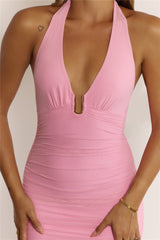 Sultry Ruched Halter Maxi Dress Pink