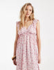 Vero Moda ruffle shoulder V-neck maxi dress in pink floral print