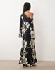 fallen shoulder long sleeve column maxi dress in mono floral print