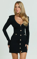 Nikka Mini Dress - Long Sleeve V Neck Bodycon Knit Dress in Black