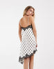 ONLY lace detail asymmetric satin mini dress in white polka dot print