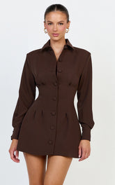 Thelma Mini Dress - Button Front Pleat Waist Tulip Skirt Shirtdress in Chocolate