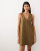 cotton linen v neck smock mini dress in moss green
