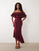 lace mix bardot off shoulder ruffle midi dress in burgundy