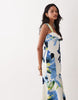 structured cotton dropped waist midaxi dress with tie back in blue abstract floral print