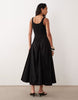 basque waist midi dress with woven skirt in black