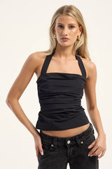 Luck & Trouble Sandler Ruched Halter Top Black
