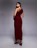 Kaiia Exclusive double layered slinky mesh one-shoulder drape detail maxi dress in wine