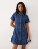 denim pleat hem shirt dress in midwash blue