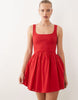 scoop ribbed bodice with poplin skirt mini dress in red