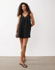 v neck smock poplin mini sundress with lace overlay in black