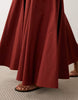 poplin square neck dropped waist maxi dress with godets in dark rust