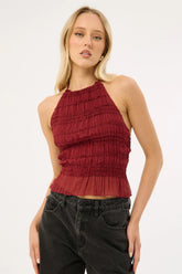 Luck & Trouble Marisole Halter Gathered Tie Top Burgundy