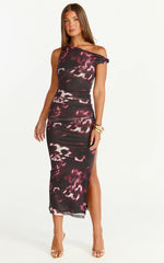 Nenita Midi Dress - One Shoulder Mesh Dress in Botanical Haze