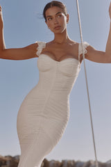white gathered mesh maxi dress