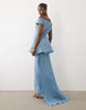 bardot maxi dress with train & bubble bodice in blue