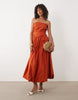 bandeau ruched midi dress in rust