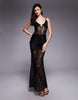 satin and lace mix sheer bodice cami maxi dress in black
