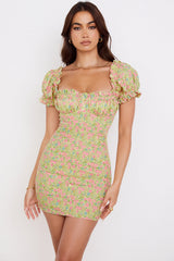 vintage floral puff sleeve mini dress