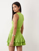Aria Cove slinky high neck sleeveless ruched waist ruffle skirt mini dress in chartreuse