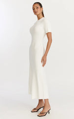 Lanie Midi Dress - Knitted Crew Neck Short Sleeve Dress in Cream