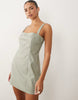Good American linen blend tailored square neck mini dress in sage green