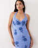 embroidered lace halterneck maxi dress with tie back in blue