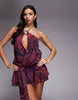 Tiger Mist Indigo 2.0 halterneck draped tie side multiway chiffon mini dress in burgundy floral