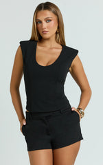 Gail Top - Sleeveless Square Shoulder Pad Deep V Jersey Top in Black