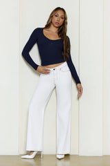 BASE Luxe Rib V Neck Button Long Sleeve Top Navy