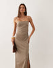 Mango square neck slit hem midi dress in beige