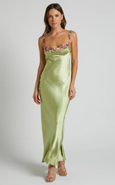 Harmony Maxi Dress - Floral Detail Cup Bust Satin Dress in Citrus