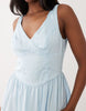 waisted v neck maxi dress with seaming details in steel blue