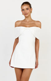 Thalia Mini Dress - Off Shoulder Bow Detail Dress in White