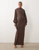 Tall high neck drape maxi dress with drape skirt in brown