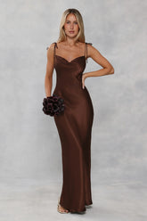 The Penelope Cowl Satin Maxi Dress Chocolate Brown