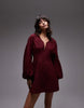 balloon sleeve structured mini skater dress in burgundy
