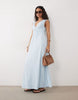 ruched bodice plunge maxi dress in dusty blue
