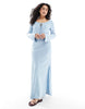 soft denim maxi dress with tie front in light blue