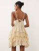double cloth washed mini sundress with distressed ruffles and lace panels in tea stained wash