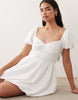 Gina Tricot puff short sleeve flower embroidered mini dress in white