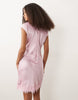 slash neck satin mini dress with lace hem in pink