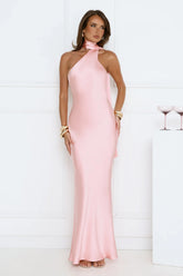 Cinnamon Glaze Halter Satin Maxi Dress Pink