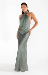 Jasmine Halter Maxi Dress ~ Deep Sage Luxe Satin