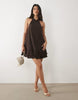 plissé halter neck mini dress with ruffle hem in chocolate